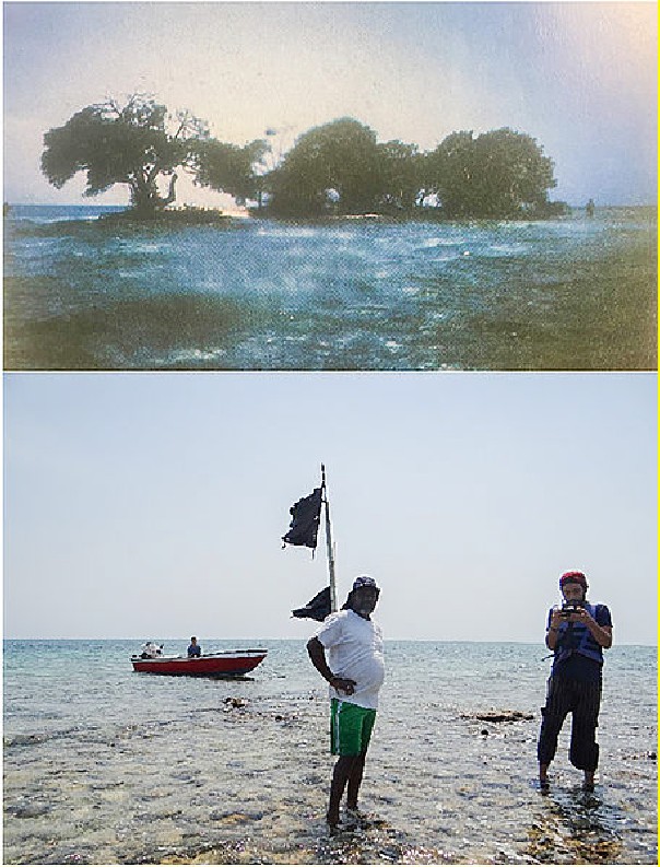 Isla Maravilla, en el archipiélago de San Bernardo, comparación de nivel del mar años 70 y 2018. Créditos: Fabio Flórez / Karem Acero