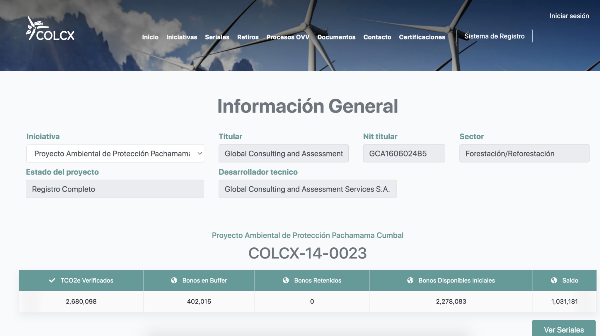 La plataforma de la certificadora ColCX mostraba al proyecto Pachamama Cumbal a agosto de 2024 como activo.