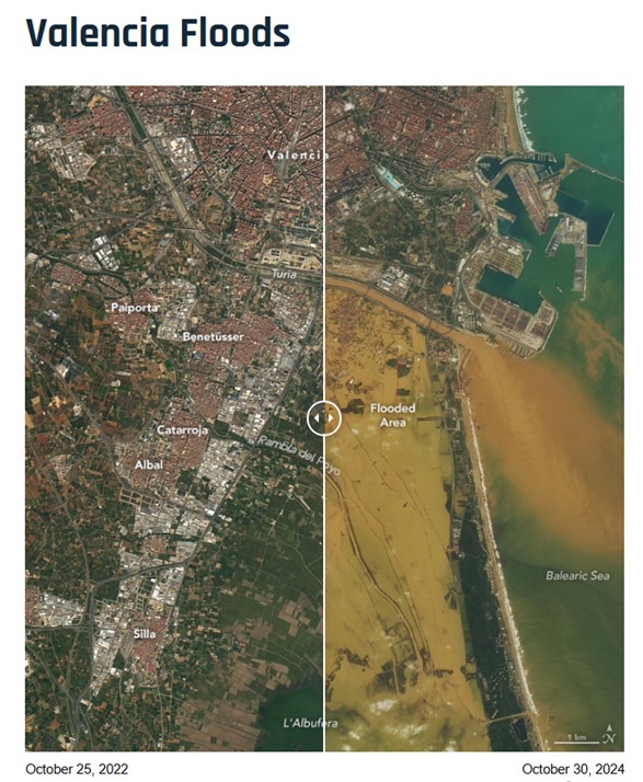 Comparativo de la zona de Valencia, España en 25 de octubre de 2022 con la afectación por extremas lluvias el 29 de octubre de 2024. Imagen de Landsat 8 / NASA