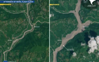 Avalancha en Nepal. Imagen satelital: Unión Europea, imágenes del Centinela Copérnico 2